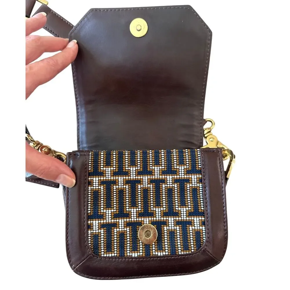 Tory Burch Mini Crossbody Navy Brown Logo Jacquard‎ Lock Bag
